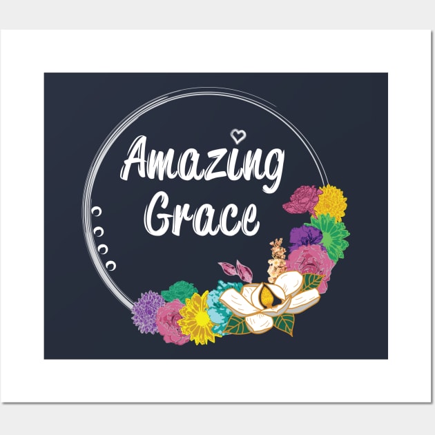 Amazing Grace Typography Colorful Floral Flower Circle Outline Spring Summer Wall Art by Little Shop of Nola